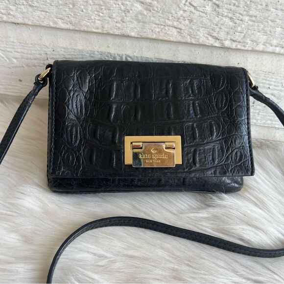 KATE SPADE Black Leather Croc Embossed Madison Knott Rosie Crossbody - Picture 1 of 11